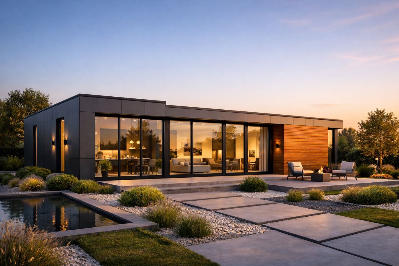 Recreación virtual de un chalet del catálogo: volúmenes contemporáneos al atardecer con lámina de agua