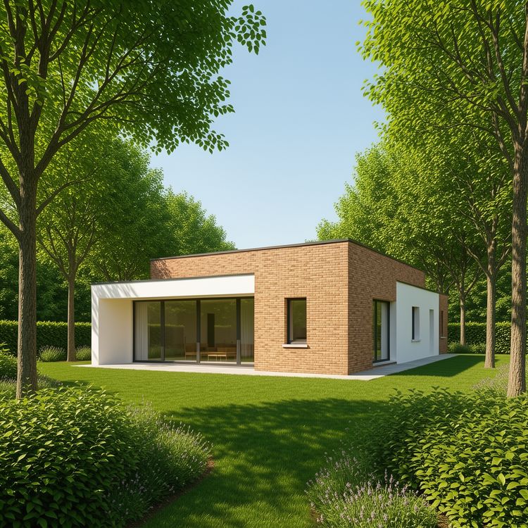 Recreación virtual de un chalet del catálogo: vivienda de planta baja con jardín