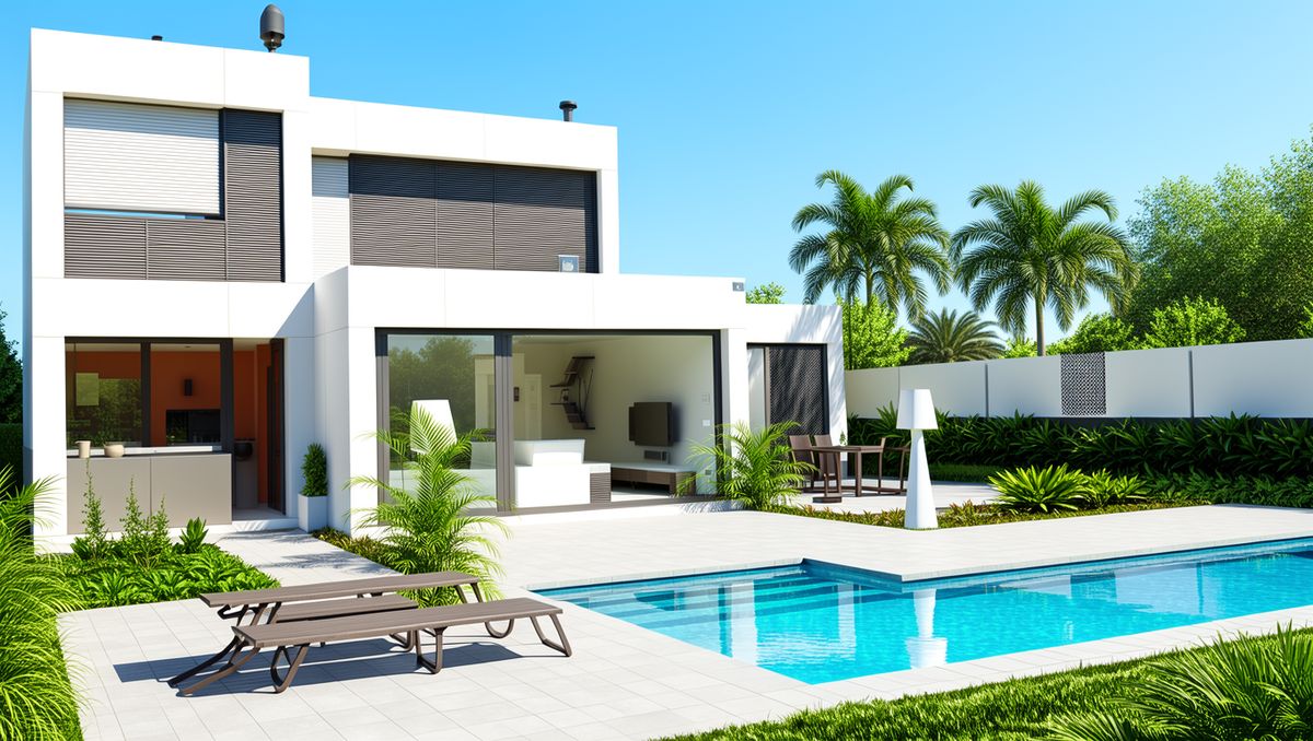 Recreación virtual de un chalet del catálogo: vivienda de dos plantas con piscina y porche
