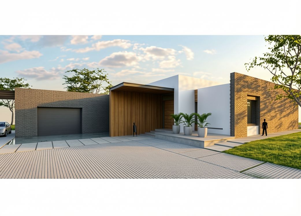 Recreación virtual de un chalet del catálogo: acceso y cochera de una vivienda de planta baja