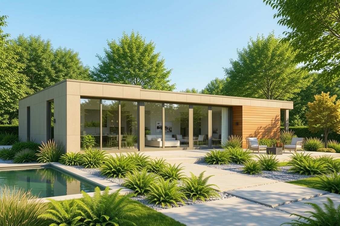 Recreación virtual de un chalet del catálogo: chalet de cubierta plana con piscina y vegetación