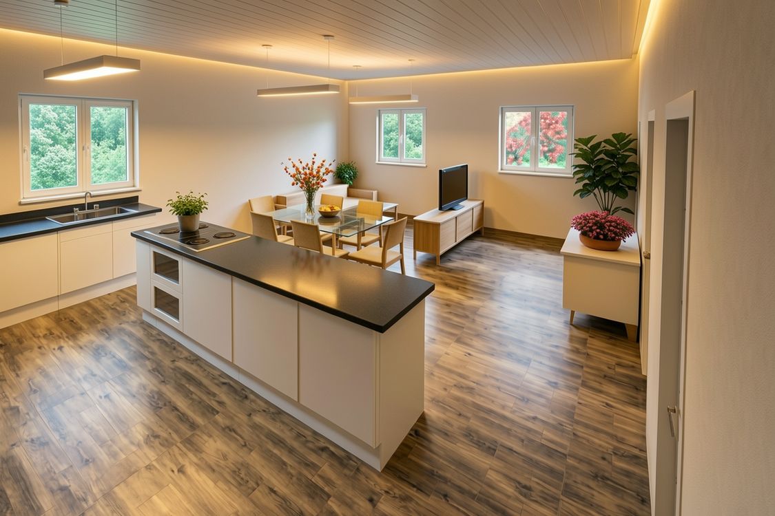 Recreación virtual de un chalet del catálogo: interior de salón y cocina abiertos