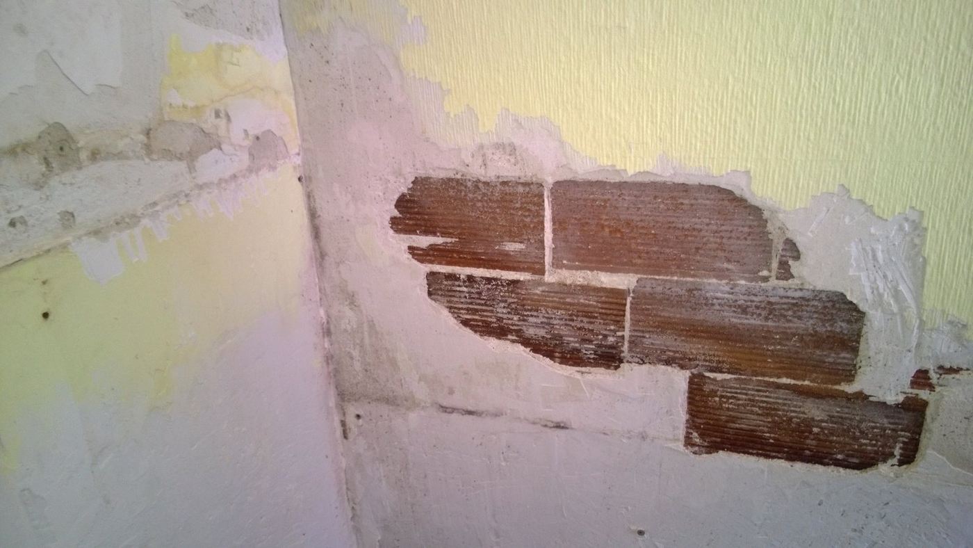 Muro afectado por humedad de capilaridad, con la pintura levantada y el ladrillo al descubierto antes del tratamiento