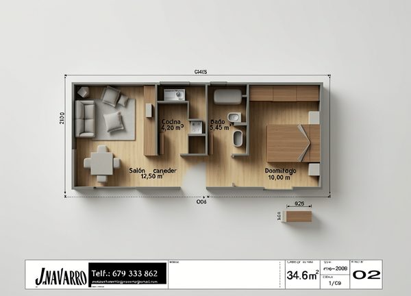 Plano de distribución del modelo Clavel, chalet de 1 dormitorio y 34,6 m²