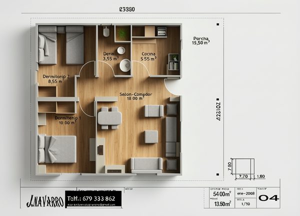 Plano de distribución del modelo Margarita, chalet de 2 dormitorios y 54 m²
