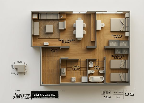 Plano de distribución del modelo Pensamiento, chalet de 2 dormitorios y 93,75 m²
