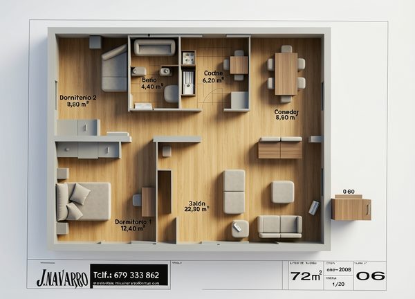 Plano de distribución del modelo Amapola, chalet de 2 dormitorios y 72 m²