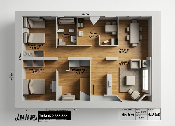 Plano de distribución del modelo Lirio, chalet de 3 dormitorios y 85,5 m²