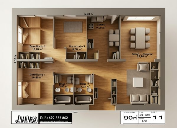 Plano de distribución del modelo Rosa, chalet de 3 dormitorios y 90 m²