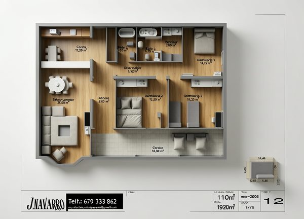 Plano de distribución del modelo Lavanda, chalet de 4 dormitorios y 110 m²