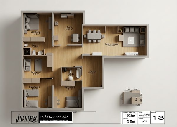 Plano de distribución del modelo Jazmín, chalet de 4 dormitorios y 120 m²