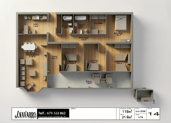 Plano de distribución del modelo Azalea, chalet de 4 dormitorios y 119 m²