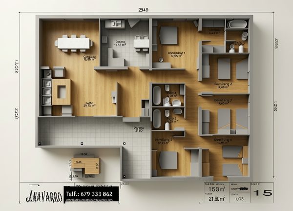 Plano de distribución del modelo Orquídea, chalet de 5 dormitorios y 158 m²