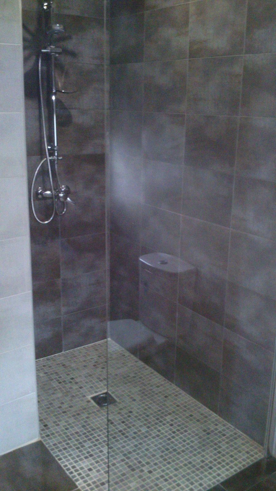 Ducha de obra terminada con plato de mosaico, alicatado gris de gran formato y mampara de cristal